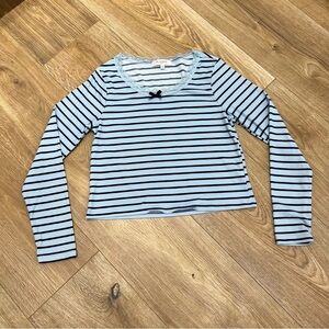 Blue Striped Fine Ribbed Long Sleeve Tee with Lace Neck Line trim and Bow